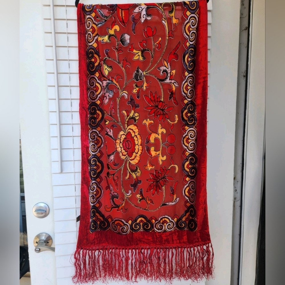 J&X NY Red Floral Silk Viscose Velvet Burnout Fringed Scarf Shawl Wrap 76x20 - Picture 3 of 16